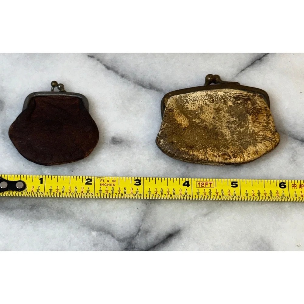 Vintage Antique Leather Coin Purse Set Kiss Lock Metal Frame Distressed 2pc